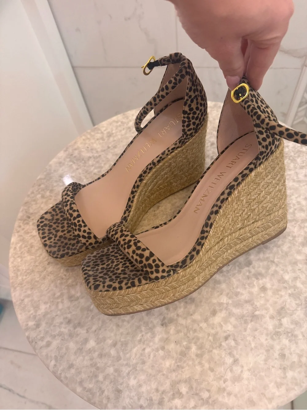 Stuart Weitzman Leopard Print Espadrille Wedge Sandals - Tan/Black